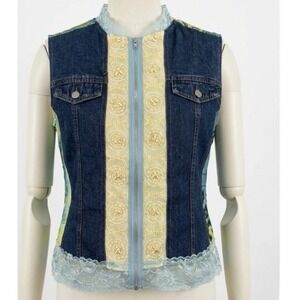 Vtg Y2K PIANO Blue Jean Denim Patchwork Vest XL Beaded Lace Fairycore Boho